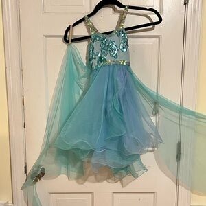 Blue and Green Embellished Dress With Flowy Arms